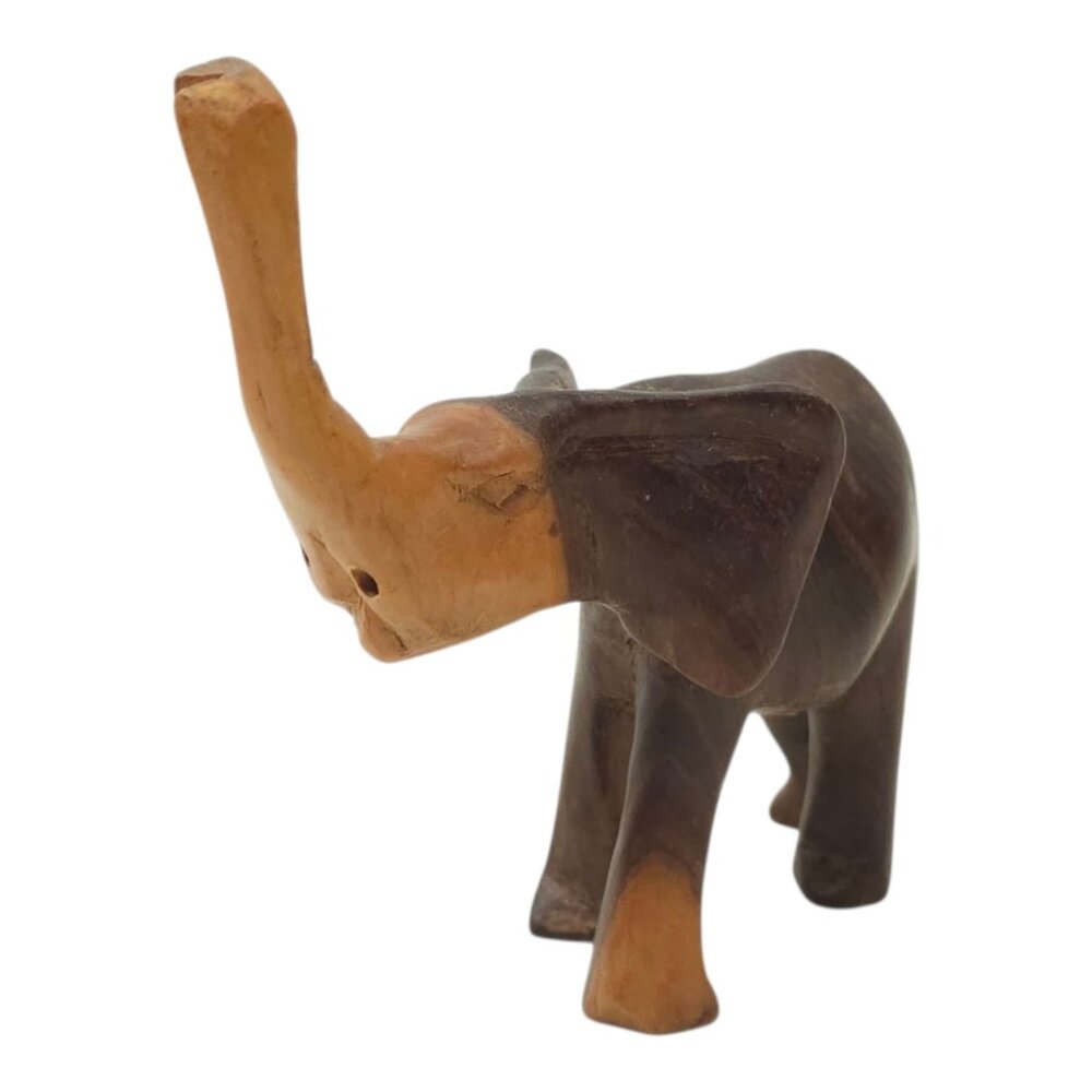 Wooden Elephant Figurine Hand Carved Trunk Up Good Luck Two Tone Kenya